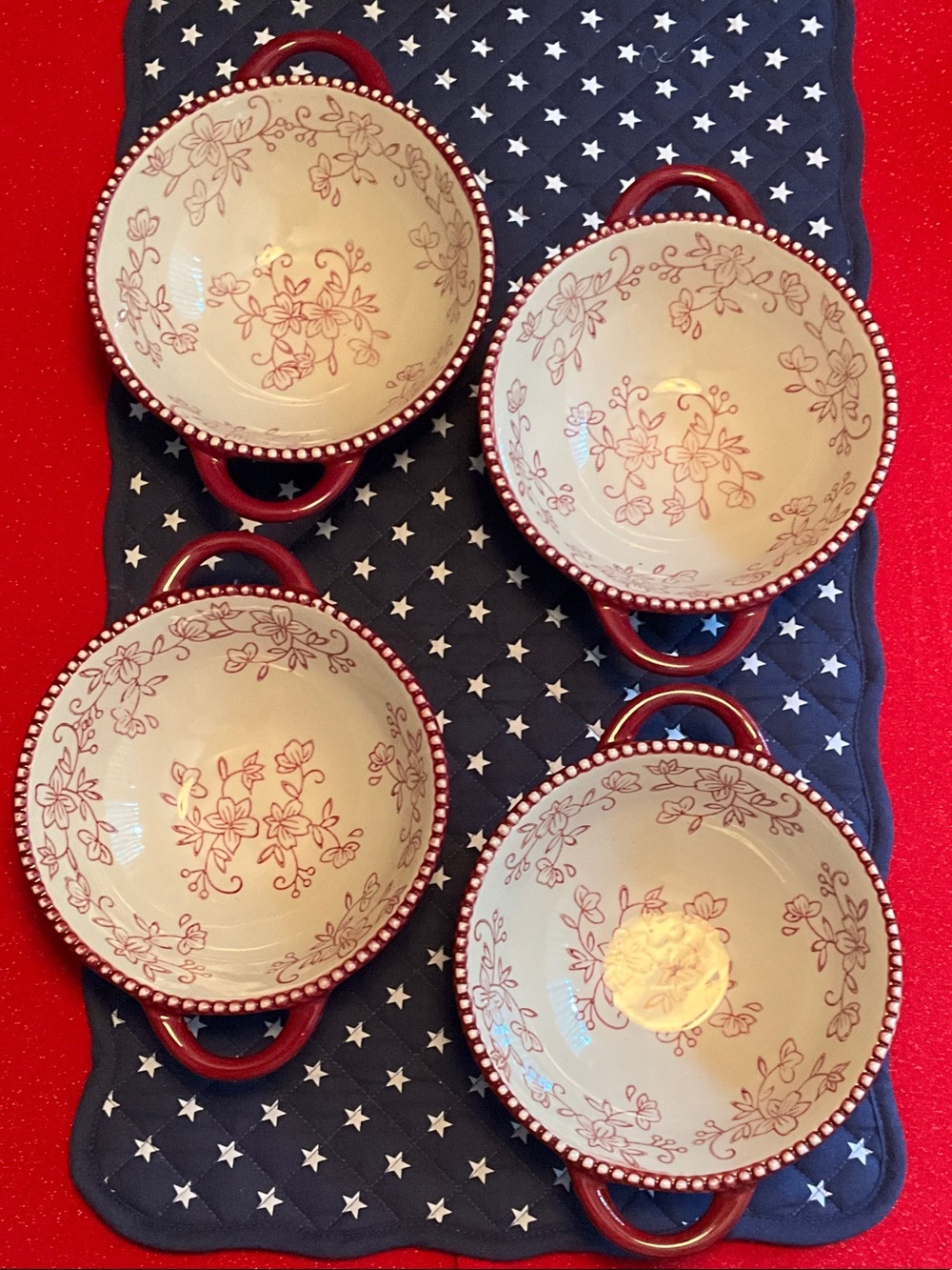 EUC Temp-Tations Red Floral Trim Stoneware Bowls (Set of 4)